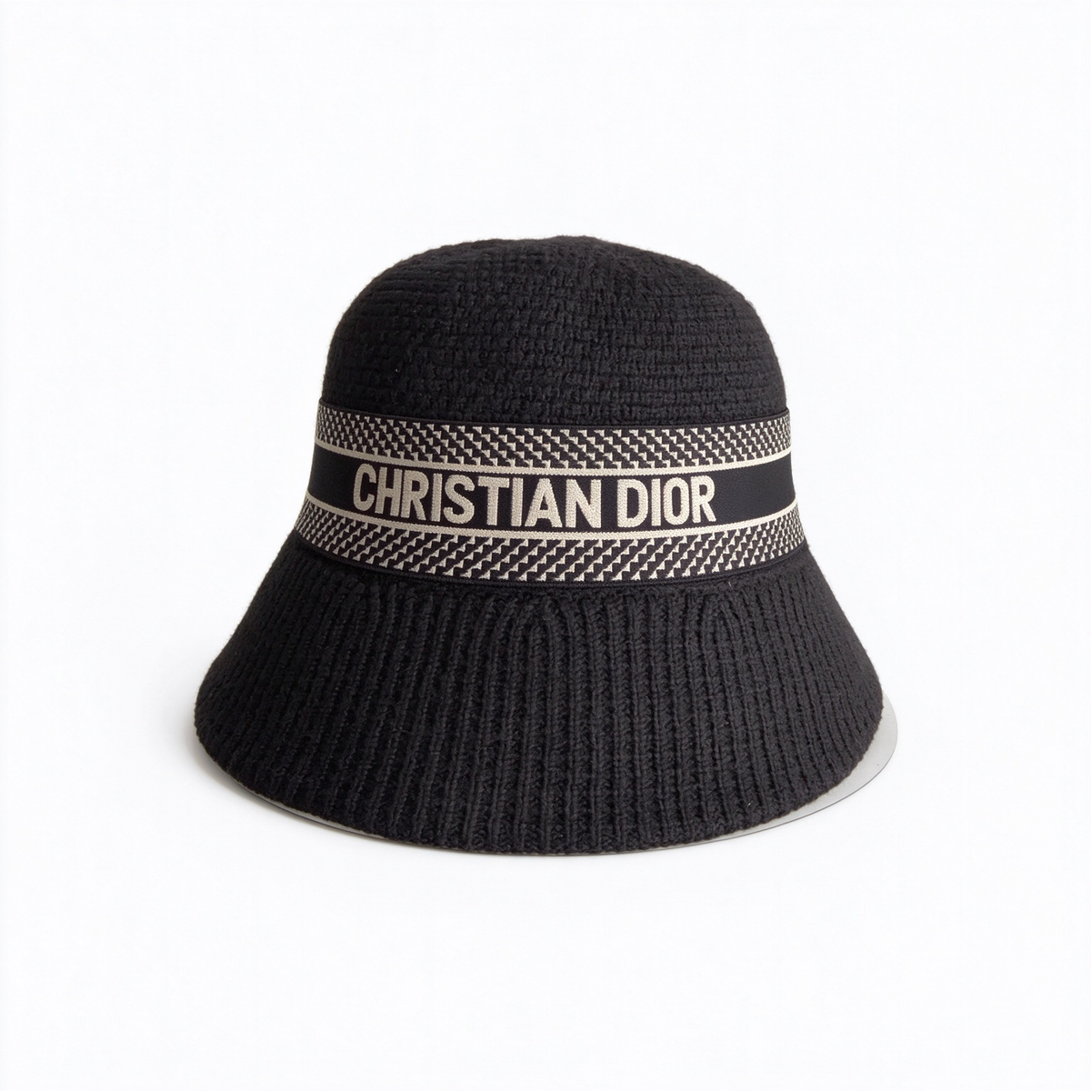 Dior Style Ribbed Knit Bucket Hat – Black Fisherman Hat with Christian Dior Houndstooth Jacquard Logo Band, Luxury Designer Casual Streetwear Sun Hat for Women & Men