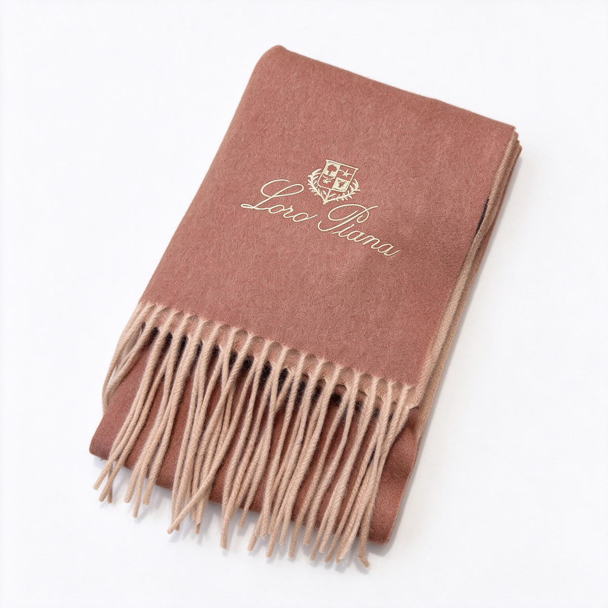 Loro PianaCashmere Grande Unita Reversible Scarf Dusty Rose Oatmeal | Gold Embroidered Crest Fringed Luxury Wrap Women's