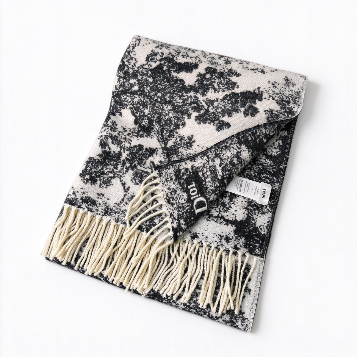 Christian Dior Toile de Jouy Sauvage Scarf in Black & White — Reversible Cashmere Wool Blend Fringed Shawl | Luxury Designer Fashion Accessory