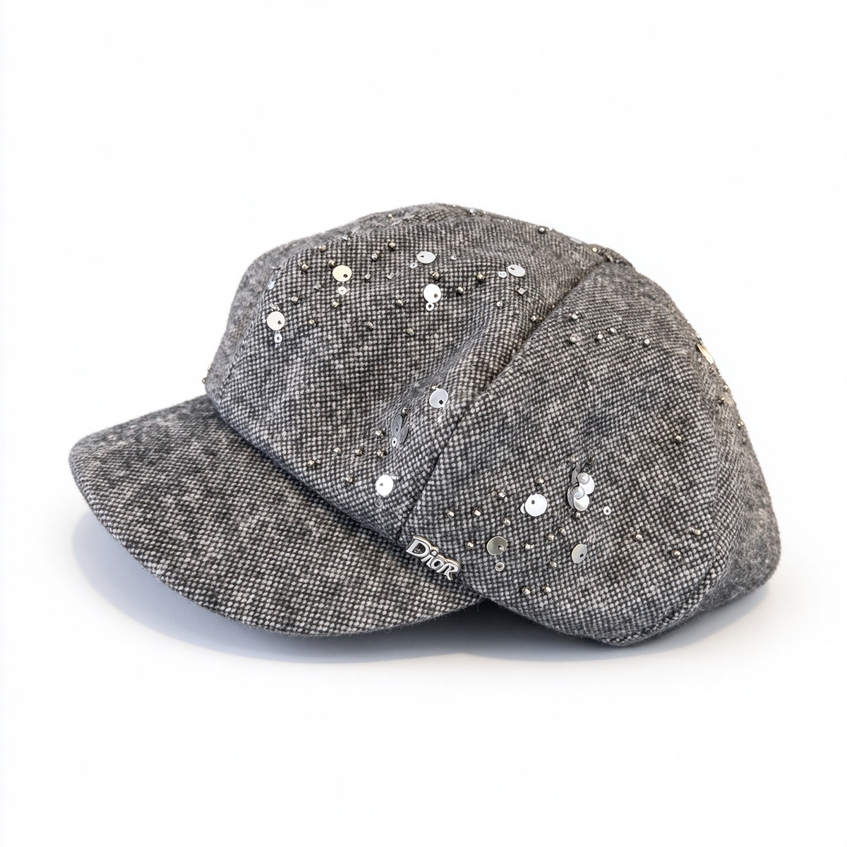 Dior Style Sequined Wool Herringbone Newsboy Cap – Grey Tweed Baker Boy Hat with Silver Sequins, Beads & Dior Logo Badge, Luxury French Designer Winter Cap for Women