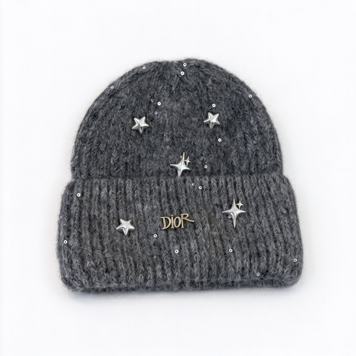 Dior "Starlight" collection sequined knit beanie—crafted from a charcoal-grey wool blend and embellished with metallic stars and a gold-tone Dior logo; a winter knit hat designed for women.