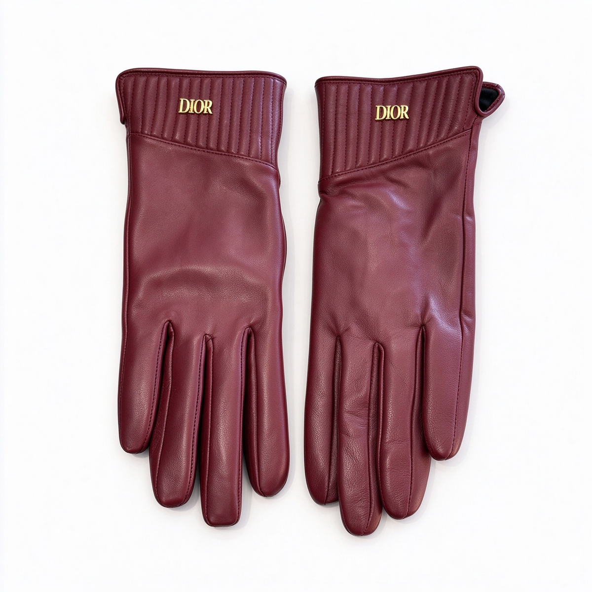 Dior Lambskin Touchscreen Gloves | Burgundy Wine Red Leather with Gold-Tone DIOR Logo & Cashmere Lining