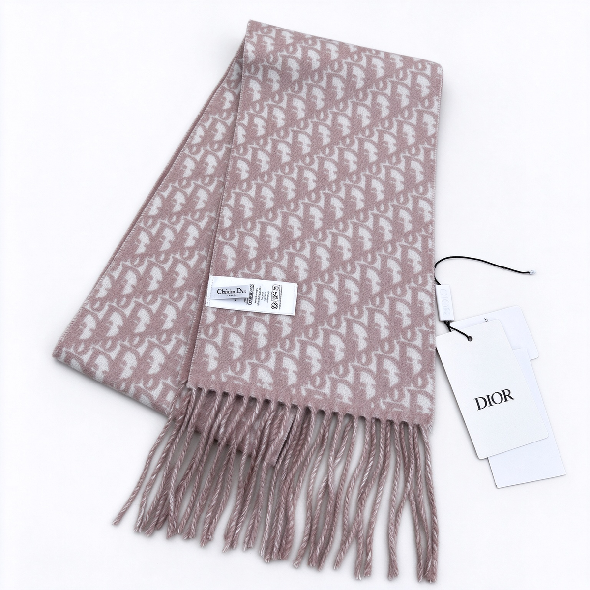Dior Oblique Jacquard Scarf | Dusty Pink & Light Grey Reversible  Wool Wrap | Embroidered Logo Fringed Stole