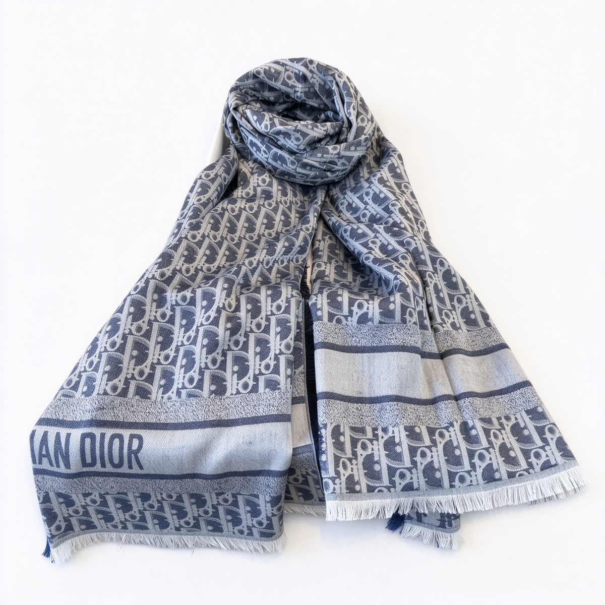 Christian Dior Oblique Jacquard Scarf – Navy & Light Blue Monogram Wool Cashmere Blend Reversible Fringed Scarf | Luxury Designer Unisex Accessory