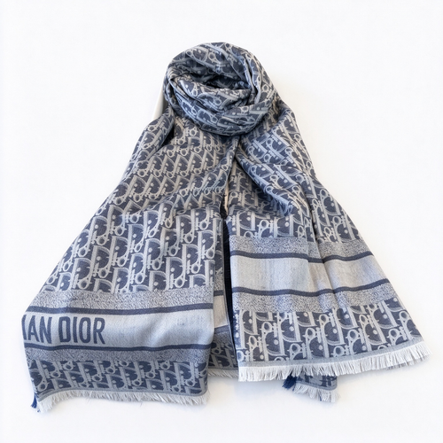 Christian Dior Oblique Jacquard Scarf – Navy & Light Blue Monogram Wool Cashmere Blend Reversible Fringed Scarf | Luxury Designer Unisex Accessory