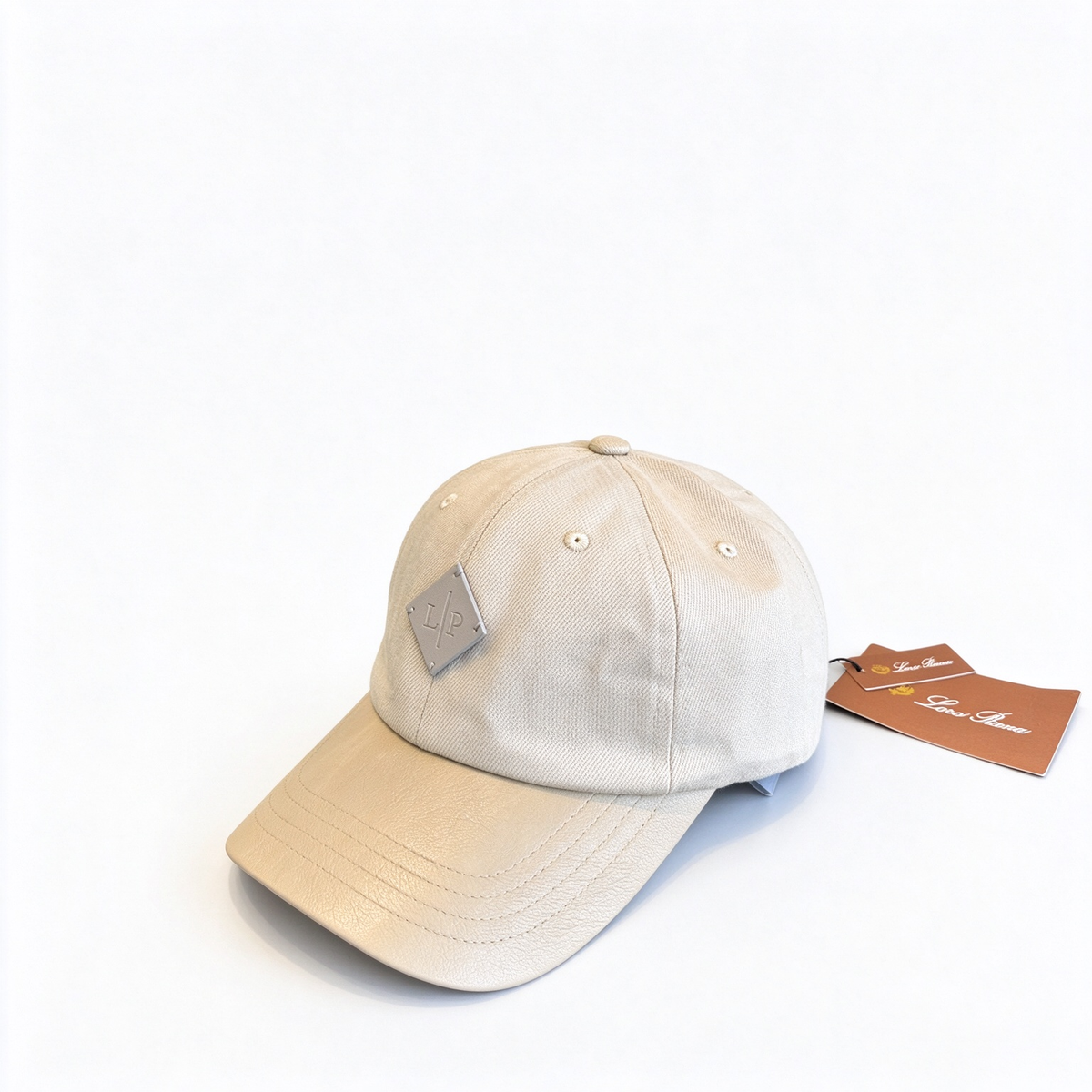 Loro Piana Beige/Sand Leather Trim Baseball Cap - Cotton Twill Dad Hat with Tan Calfskin Brim & Grey LP Diamond Patch, Designer Luxury Cap