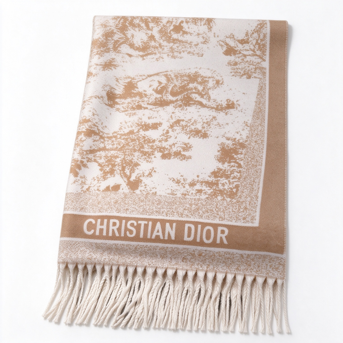 Christian Dior Explorations Toile de Jouy Scarf – Camel & Ivory Cashmere Wool Blend Fringed Scarf | Luxury Designer Women's Accessory