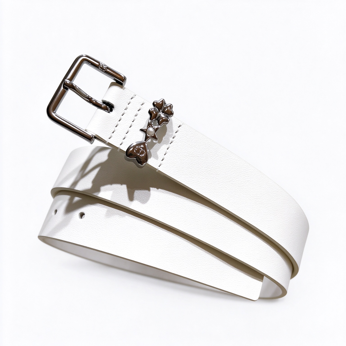 Christian Dior White Leather Belt | Silver Charm Heart Pearl Star Detail Pin Buckle — Luxury Designer Skinny Waist Belt