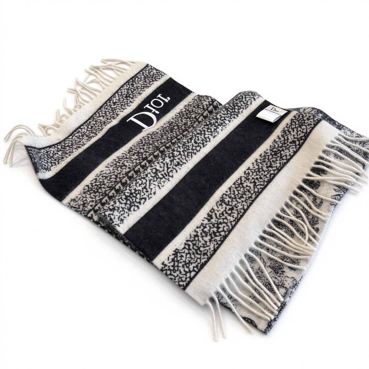 Christian Dior Striped Logo Scarf – Black & White Wool Cashmere Blend with Thick Fringe | Luxury Designer Winter Accessory