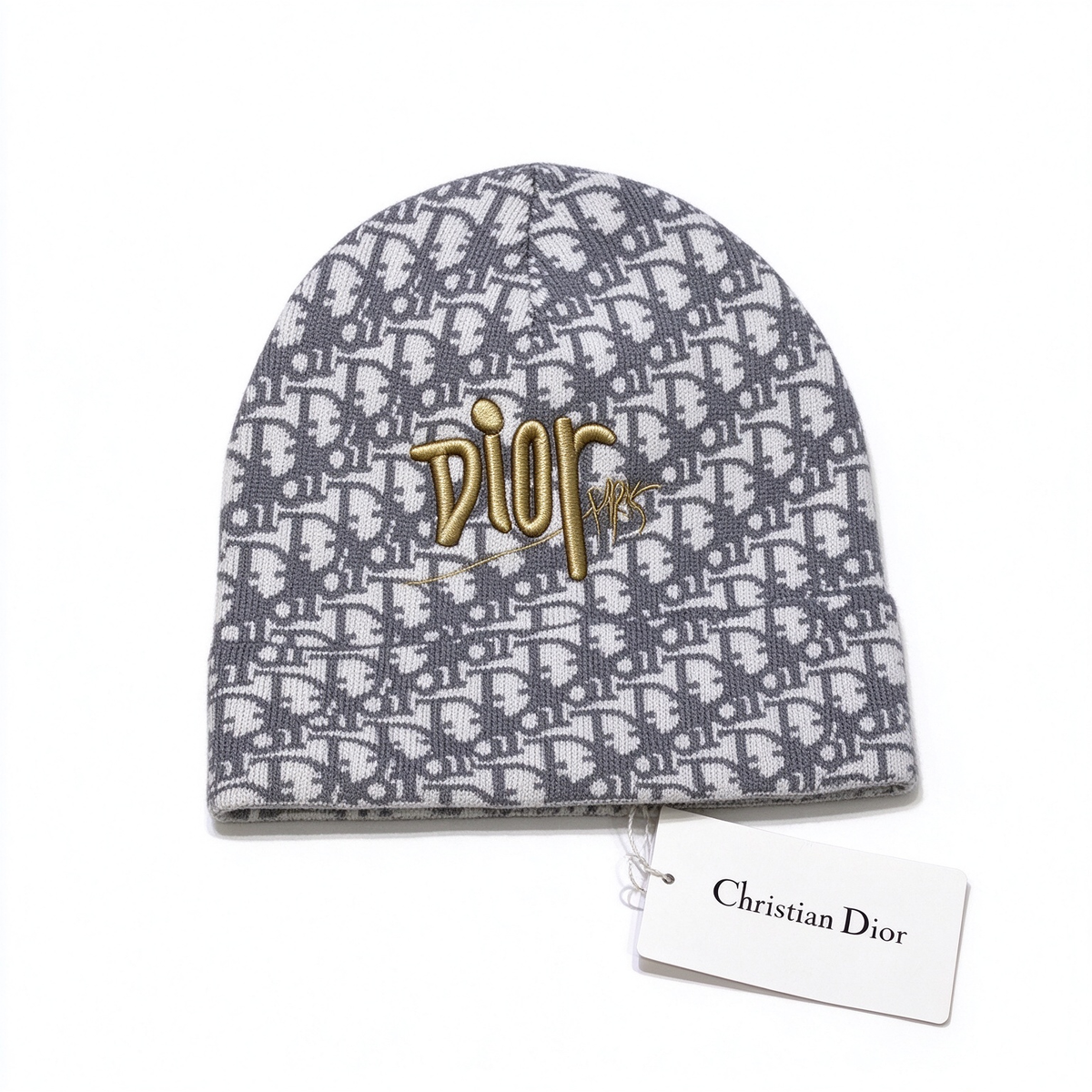 Dior Style Oblique Knit Beanie – Grey & White Monogram Jacquard Cold Weather Hat with Gold Embroidered Dior Paris Logo, Luxury French Designer Winter Wool Cap for Men & Women