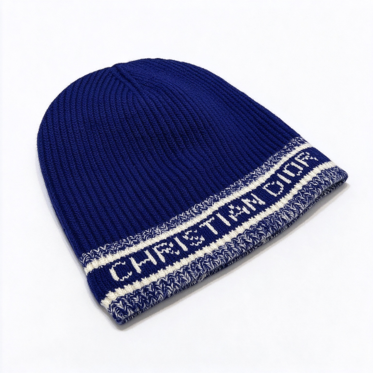 Dior Style Christian Dior Knit Beanie – Navy Blue & Ivory Ribbed Wool Hat with Contrast Striped Logo Band, Luxury French Designer Winter Cold Weather Cap for Men & Women