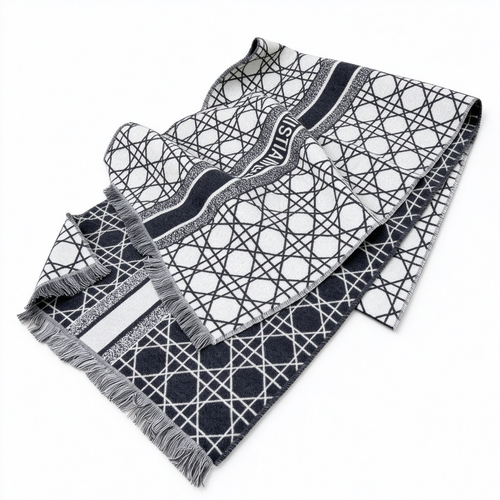 Christian Dior Cannage Scarf in Black & White — Reversible Wool Silk Blend Logo Shawl with Fringe | Luxury Designer Fashion Accessory