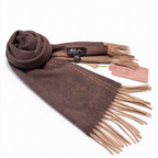Loro Piana Gifts Cashmere Scarf | Luxury Reversible Wrap in Dark Chocolate Brown with Camel Contrast Fringe | Embroidered Crest