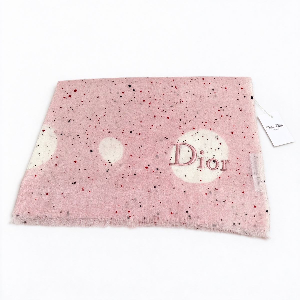 Dior Pink Constellation Scarf | Embroidered Logo Splatter Paint & Planet Wrap | Luxury Cashmere Wool Fringed Stole