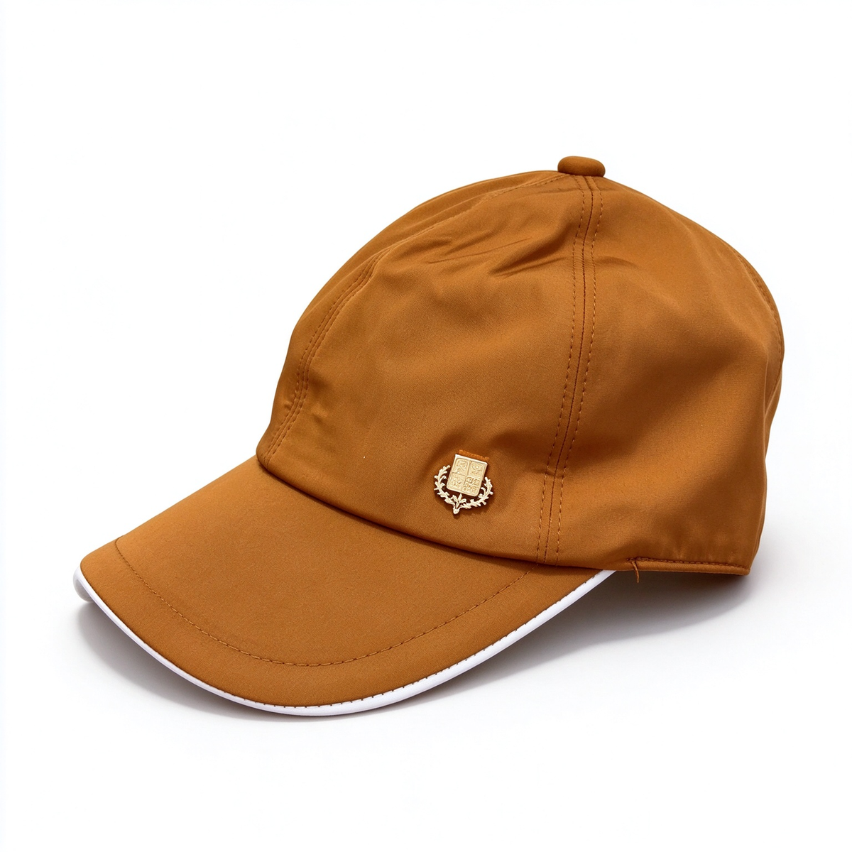 Loro Piana Storm System  Baseball Cap | Caramel Amber Waterproof Wind Microfiber Hat with White Trim & Gold Crest Badge