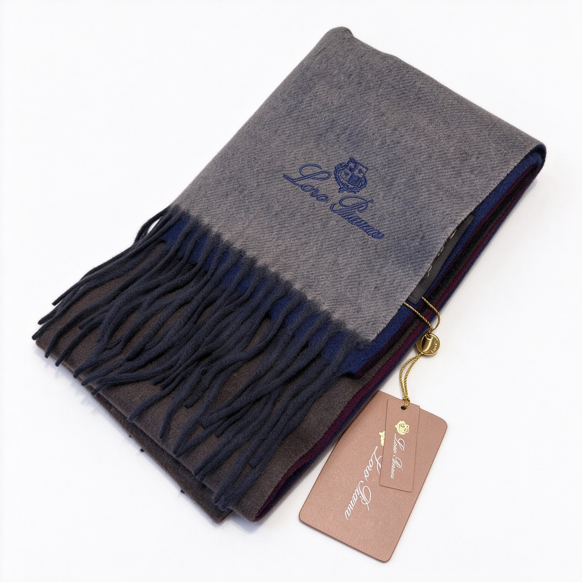 Loro Piana  Cashmere Grande Unita Scarf Heather Grey Navy Logo | Luxury Embroidered Fringed Wrap Women's & Men's Accessories