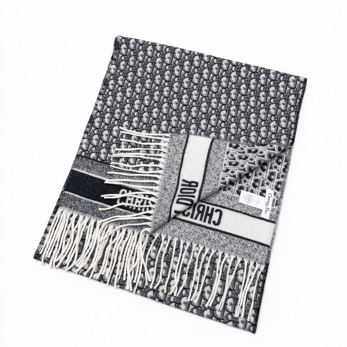 Dior Oblique Scarf in Black & White — Reversible Wool Silk Blend Logo Print Long Shawl with Fringe | Luxury Designer Fashion Accessory