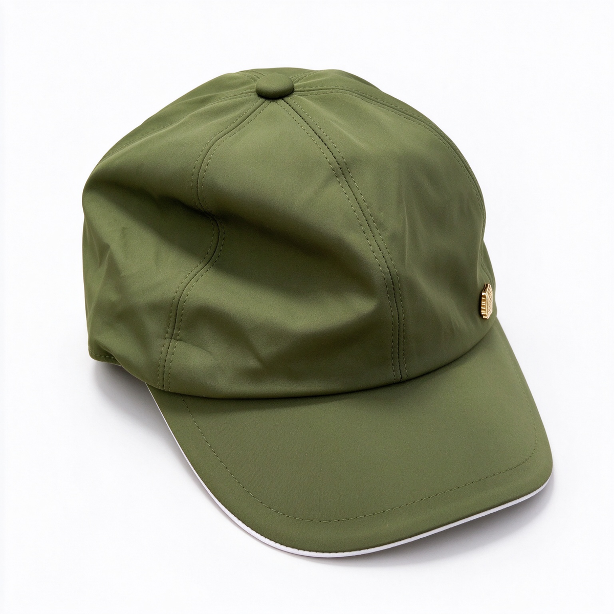 Loro Piana Storm System  Baseball Cap | Olive Green Waterproof Wind Microfiber Hat with White Trim & Gold Crest Badge