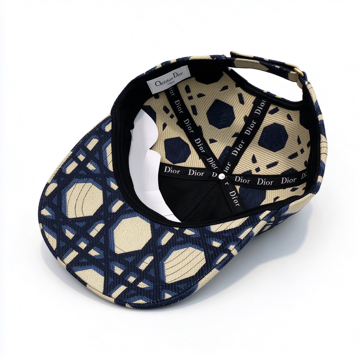Dior Style Geometric Jacquard Baseball Cap – Navy Blue & Ecru All-Over Print Trucker Hat with Gold CD Logo, Luxury French Designer Cotton Sports Cap for Men & Women
