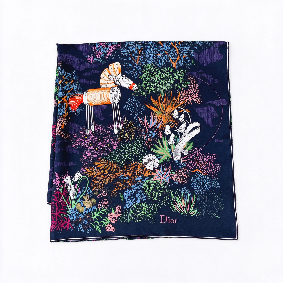 Christian Dior Atelier Silk Scarf by Jonathan Anderson – Navy Multicolor Couture Tools & Botanical Print | Luxury Designer Accessory