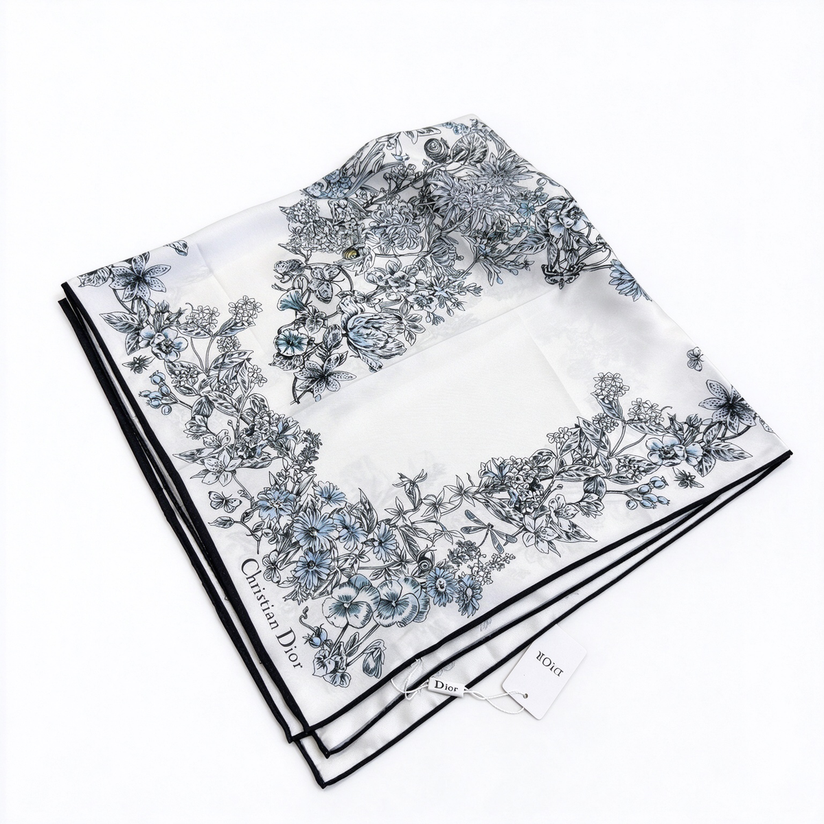 Dior Star Floral Silk Scarf | Ivory & Blue Hand-Rolled Square Scarf | Luxury Silk Twill