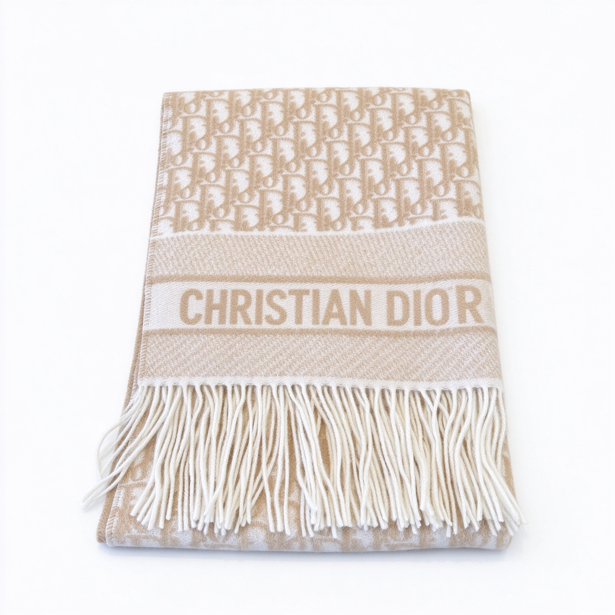 Dior Oblique Jacquard Scarf | Beige & White  Wool Wrap | Embroidered Logo Band & Fringed Stole