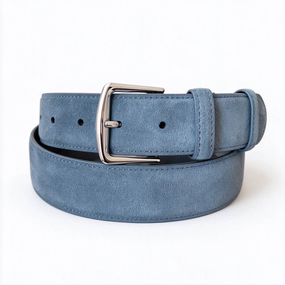 Loro Piana Men's Suede Leather Belt in Light Blue-Gray with Silver-Tone Buckle — Italian Crafted Luxury Casual Belt | Premium Designer Fashion Accessories