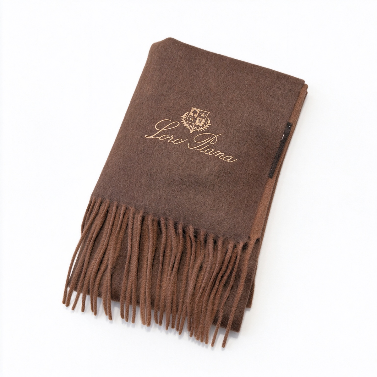 Loro Piana Cashmere Grande Unita Scarf Dark Chocolate Brown | Gold Embroidered Crest Fringed Luxury Wrap Women's & Men's