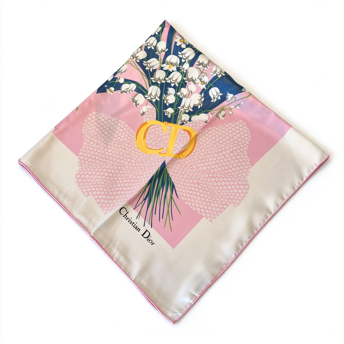 Christian Dior Muguet (Lily of the Valley) Silk Square Scarf – Pink and Navy Lily of the Valley Print | A Designer Accessory Symbolizing Good Luck