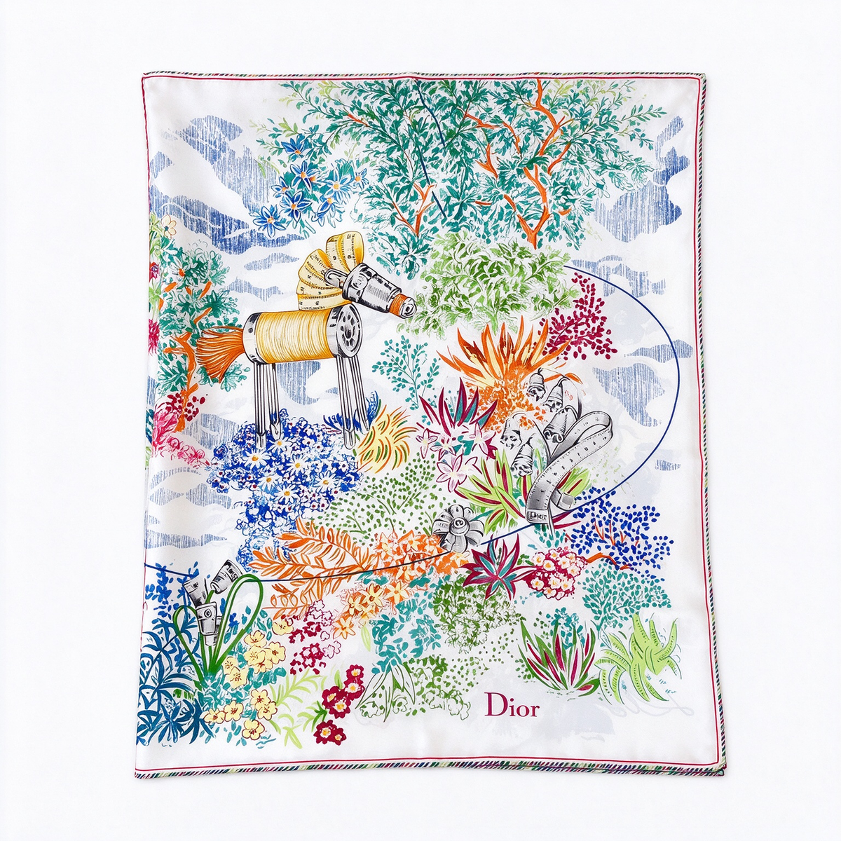Jonathan Anderson Designs Dior Atelier Silk Square Scarf — Featuring Colorful "Haute Couture Tools" and "Botanical Garden" Prints | Luxury Designer Accessories
