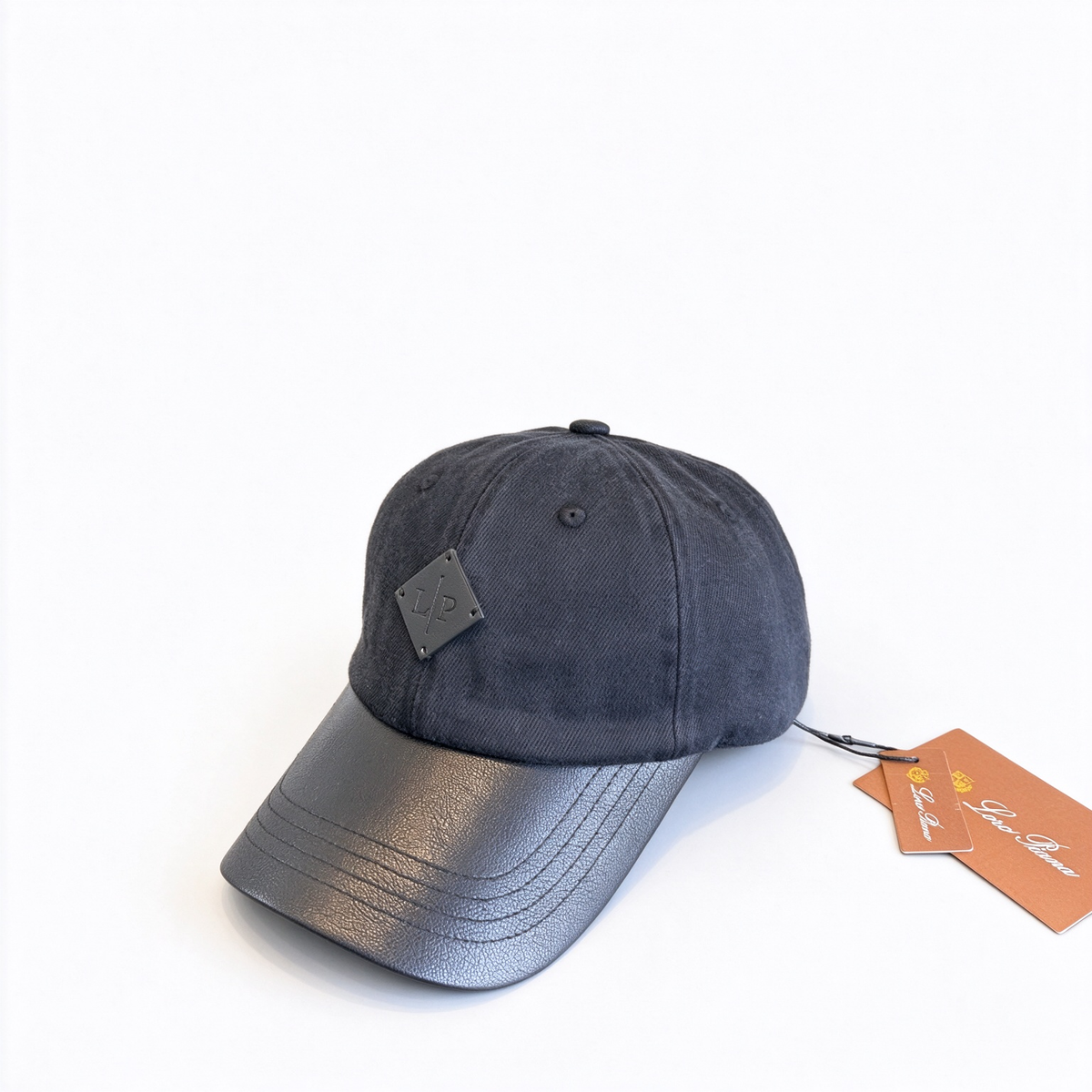 Loro Piana Black Leather Trim Baseball Cap - Charcoal Cotton Twill Dad Hat with Black Calfskin Brim & LP Diamond Patch, Designer Luxury Cap