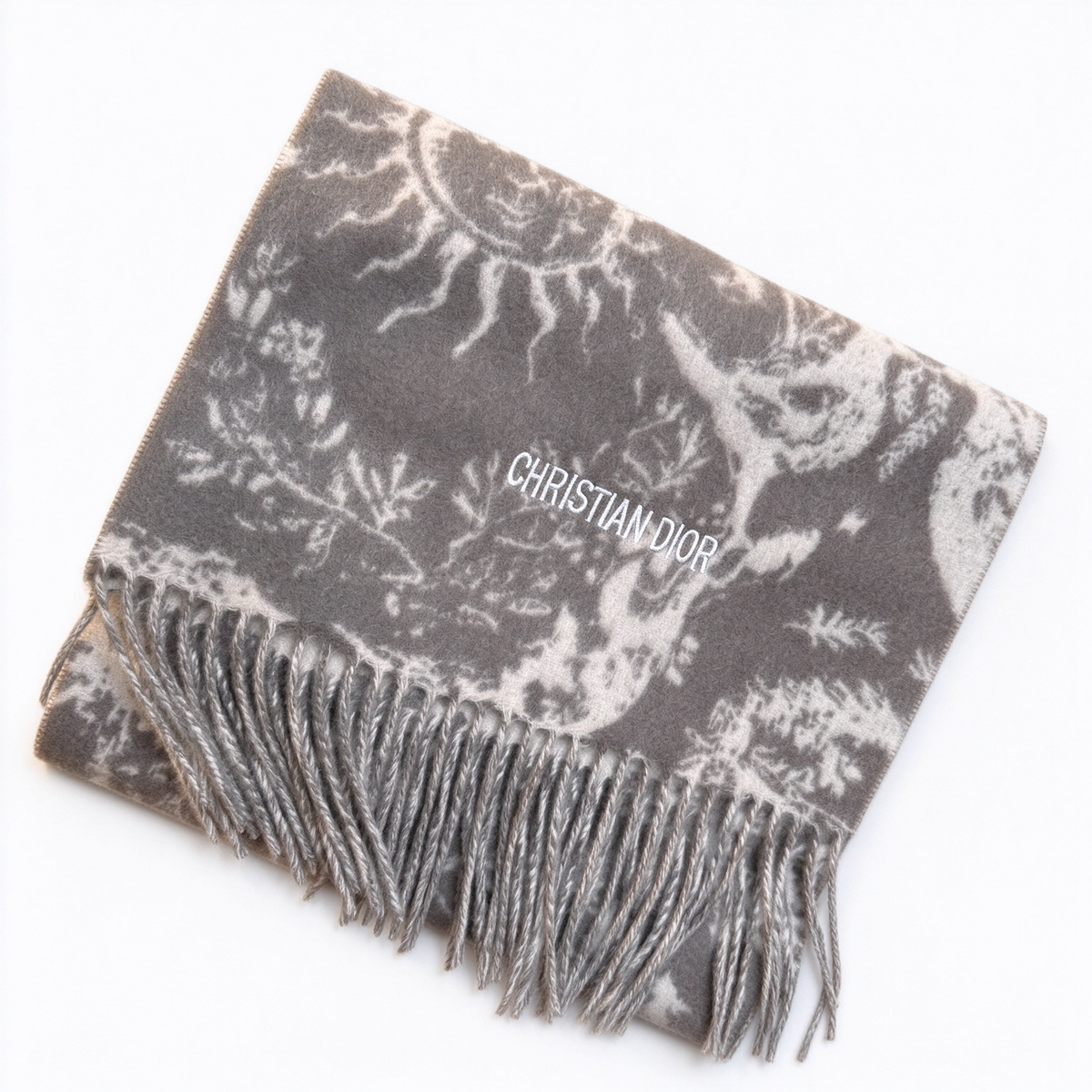 Christian Dior Sauvage Toile de Jouy Scarf – Deep Grey & Beige Cashmere Wool Blend with Fringe & Logo Detail | Luxury Designer Scarf for Women