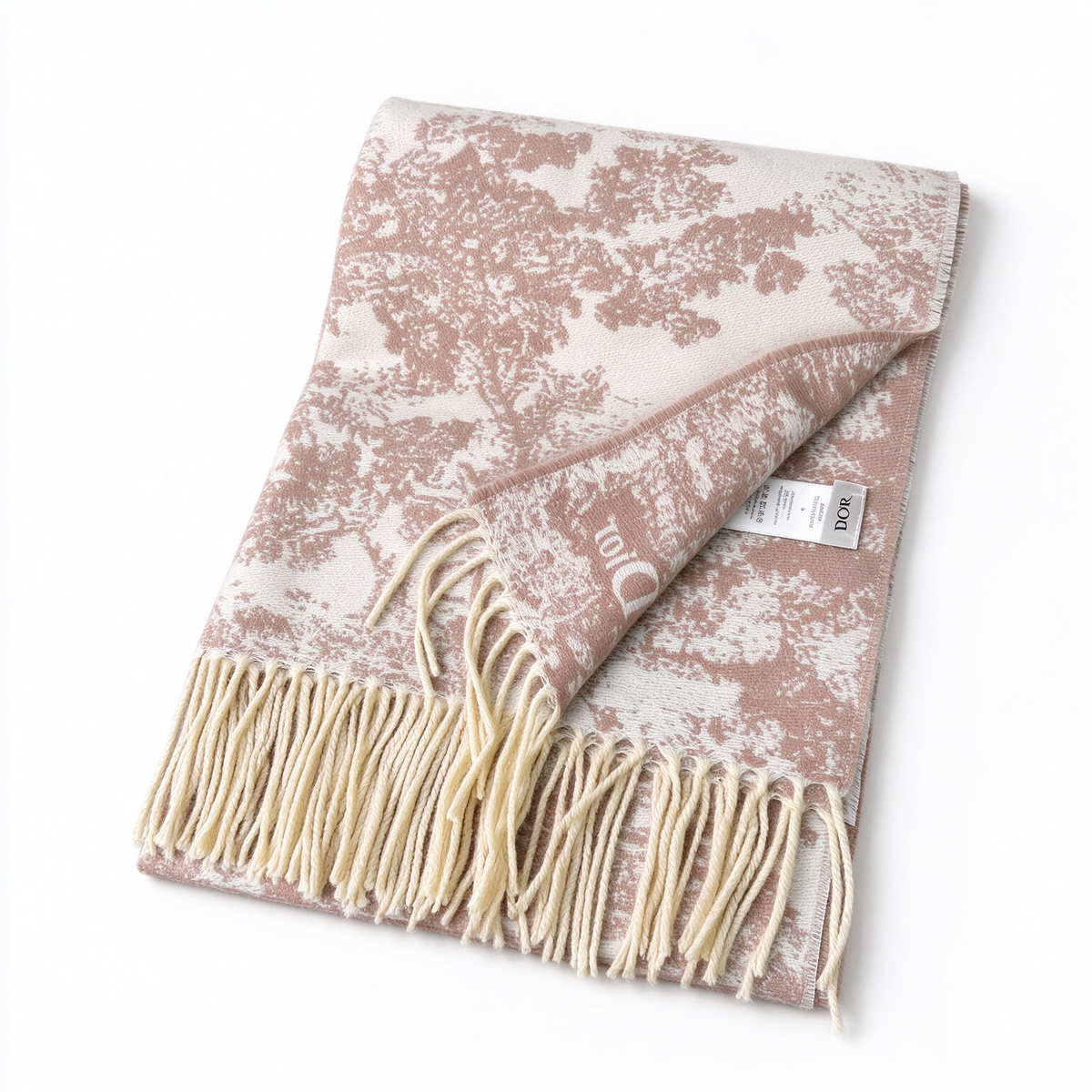 Dior Sauvage Toile de Jouy Scarf | Blush Pink & Ivory Cashmere Wool Wrap | Embroidered Logo & Fringed Shawl