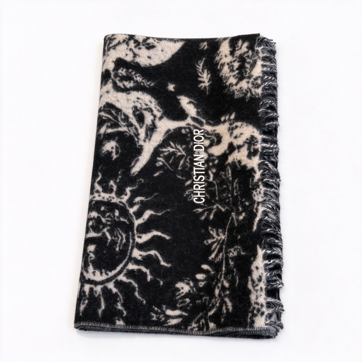 Christian Dior Sauvage Toile de Jouy Scarf – Black & White Cashmere Wool Blend with Fringe & Logo Detail | Luxury Designer Scarf for Women