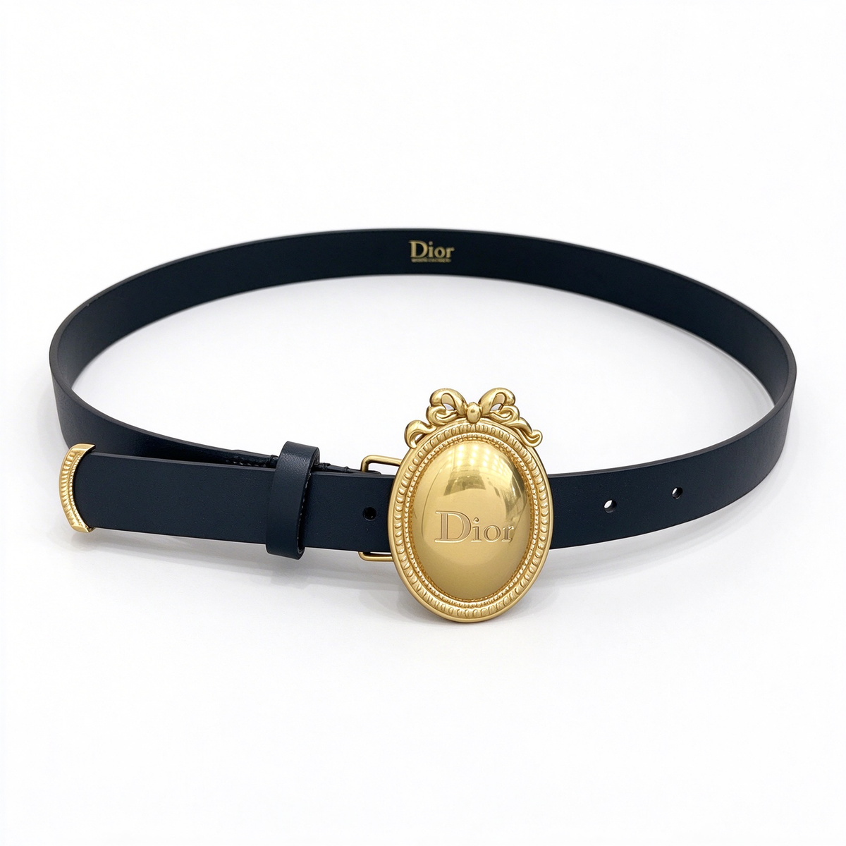 Dior Médaillon Black Leather Belt | Antique Gold Medallion Bow Buckle & Engraved Logo — Luxury Designer Skinny Waist Belt