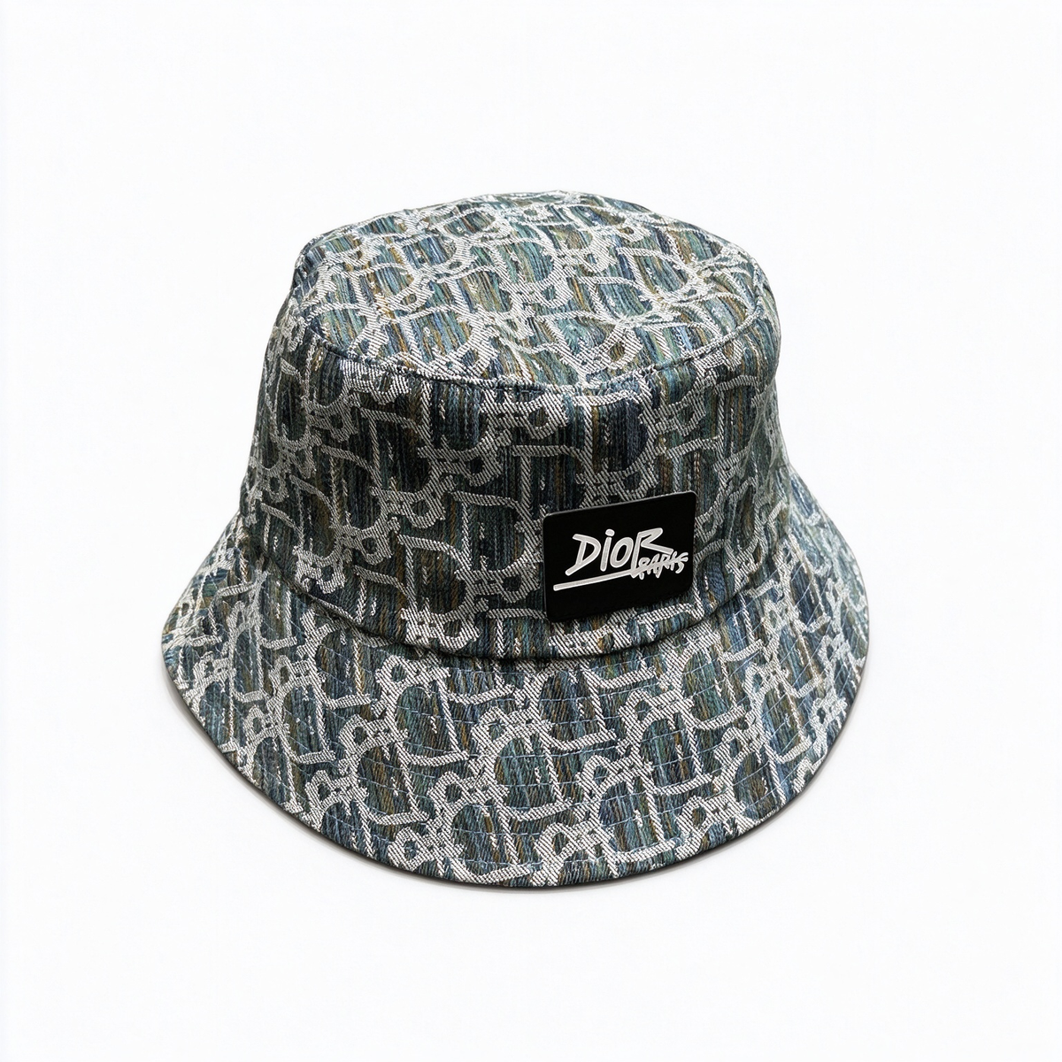 Dior Style Dior Graphs Oblique Jacquard Bucket Hat – Multi-Color Teal Blue All-Over Monogram Fisherman Hat with Black Square Patch Badge, Luxury French Designer Streetwear Cap for Men & Women