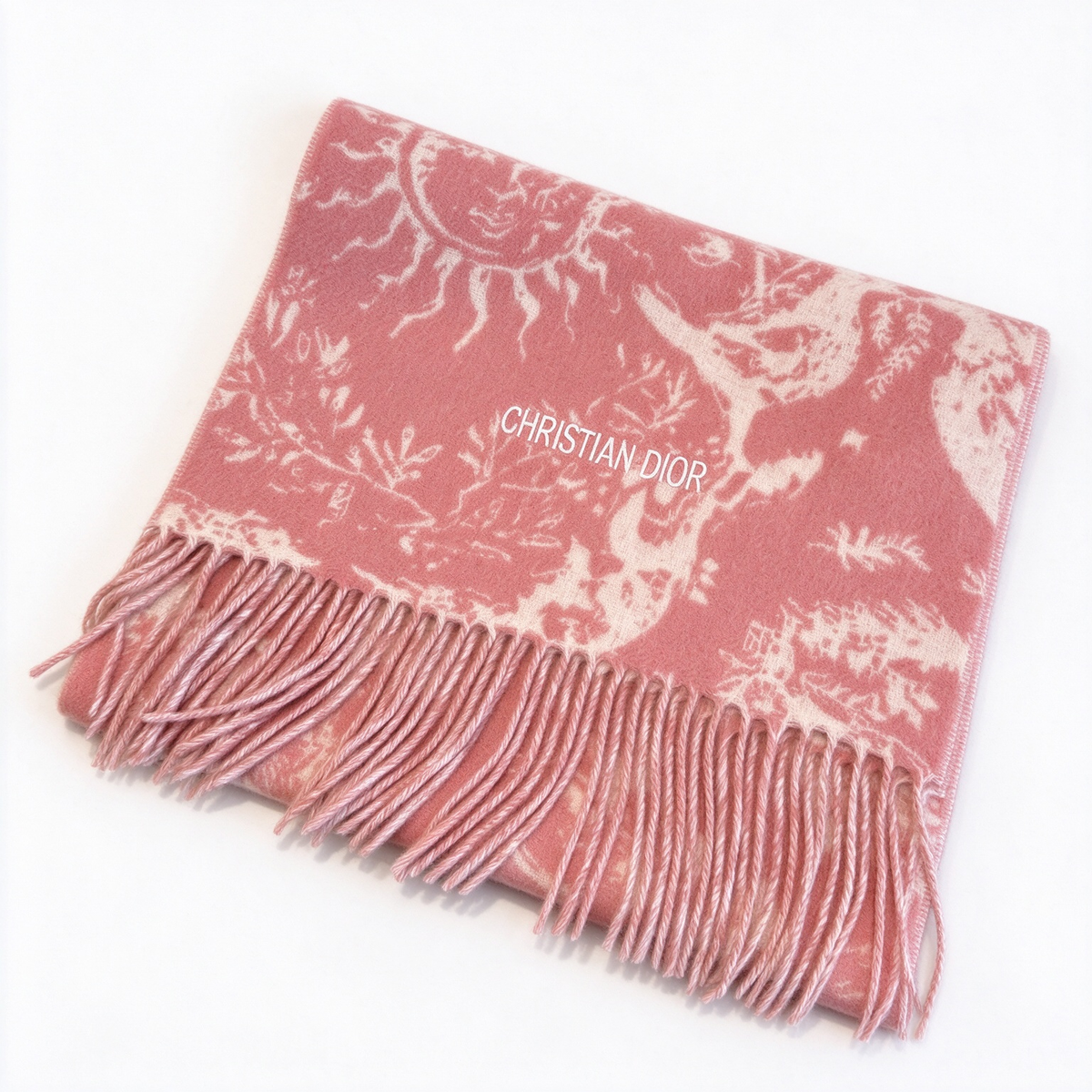 Christian Dior Sauvage Toile de Jouy Scarf – Rose Pink & Cream Cashmere Wool Blend with Fringe & Logo Detail | Luxury Designer Scarf for Women