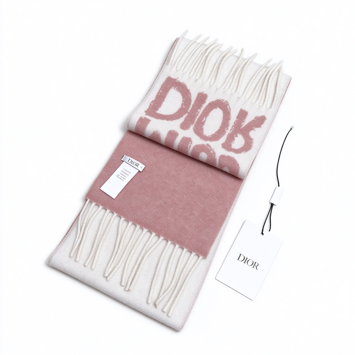 Dior Miss Dior Scarf | Blush Pink & White Wool Cashmere Wrap | Oversized Logo Fringed Luxury Winter Stole