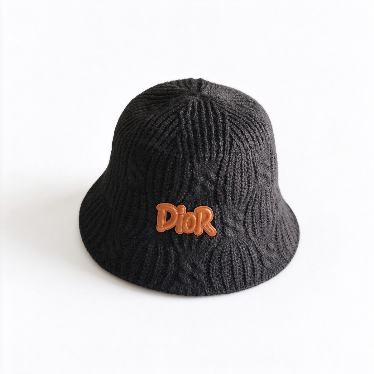 Dior Style Cable Knit Bucket Hat – Oatmeal Camel Wool Blend Fisherman Hat with Brown Leather Dior Logo Patch,