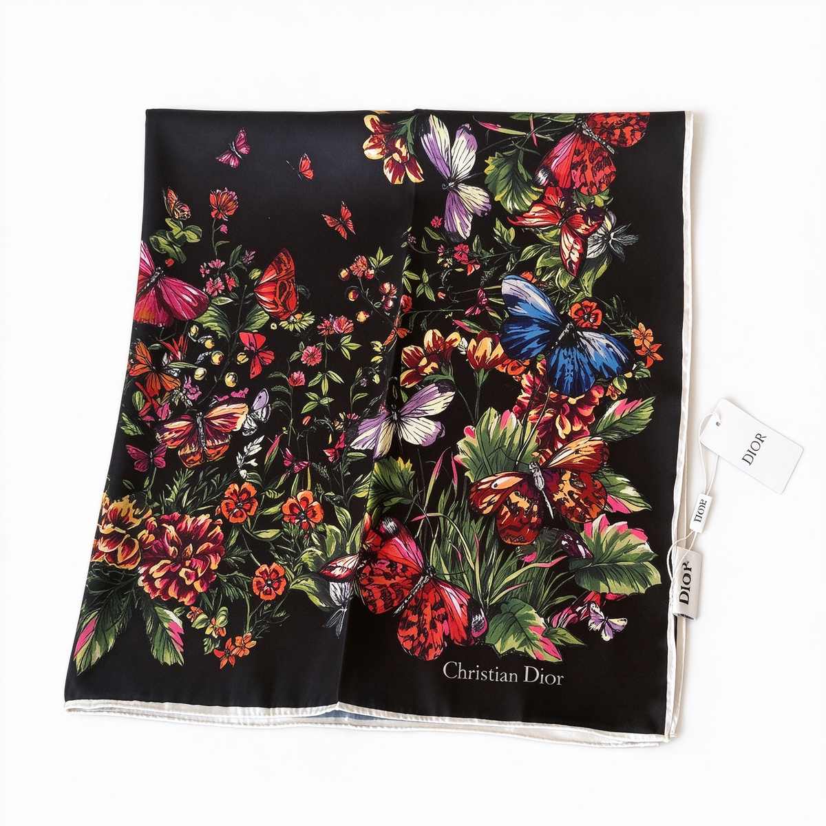 Christian Dior Bal Butterfly & Floral Silk Scarf – Black Multicolor Butterfly Garden Print | Luxury Designer Accessory