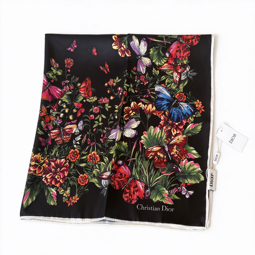 Christian Dior Bal Butterfly & Floral Silk Scarf – Black Multicolor Butterfly Garden Print | Luxury Designer Accessory