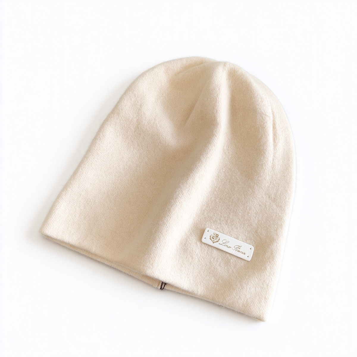 Loro Piana Cashmere Beanie Hat - Ivory/Cream Pure Cashmere Knit Cold Hat with Leather Label, Designer Luxury Winter Headwear