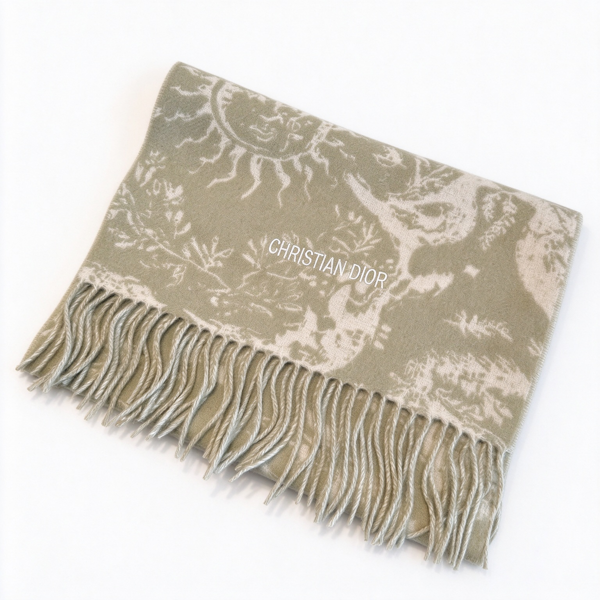 Christian Dior Sauvage Toile de Jouy Scarf – Olive Green & Cream Cashmere Wool Blend with Fringe & Logo Detail | Luxury Designer Scarf for Women