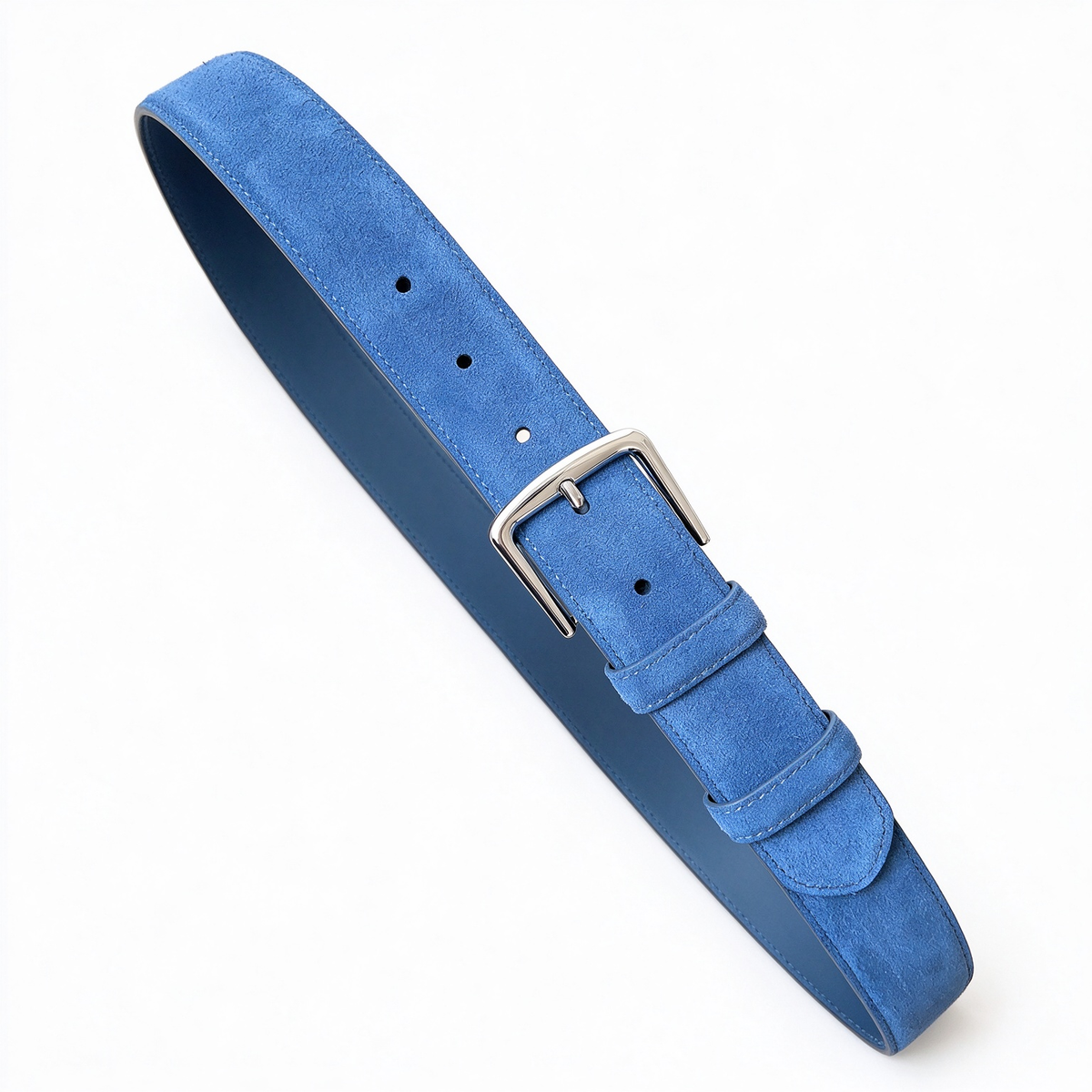 Loro Piana Men's Suede Leather Belt in Medium Blue with Silver-Tone Buckle — Italian Crafted Reversible Luxury Belt | Premium Designer Fashion Accessories