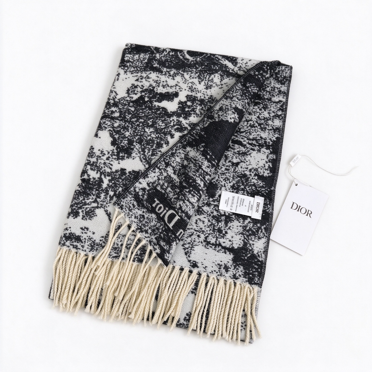 Dior Toile de Jouy Scarf | Black & White Wool Silk Cotton Wrap | Large Square Fringed Stole