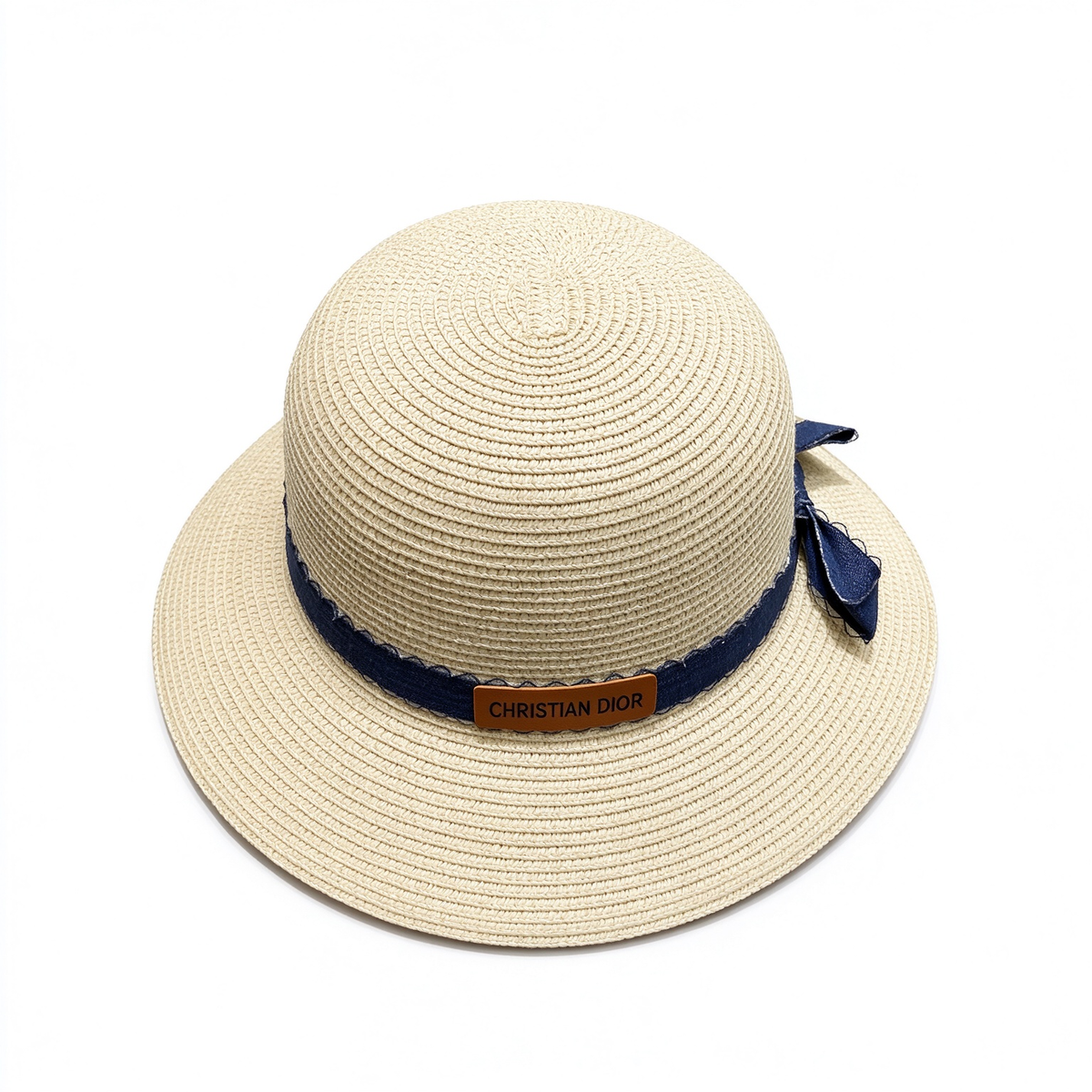 Dior Style Straw Cloche Sun Hat – Natural Beige Woven Hat with Denim Ribbon Band & Leather Christian Dior Logo Patch, Luxury French Designer Summer Resort Hat for Women