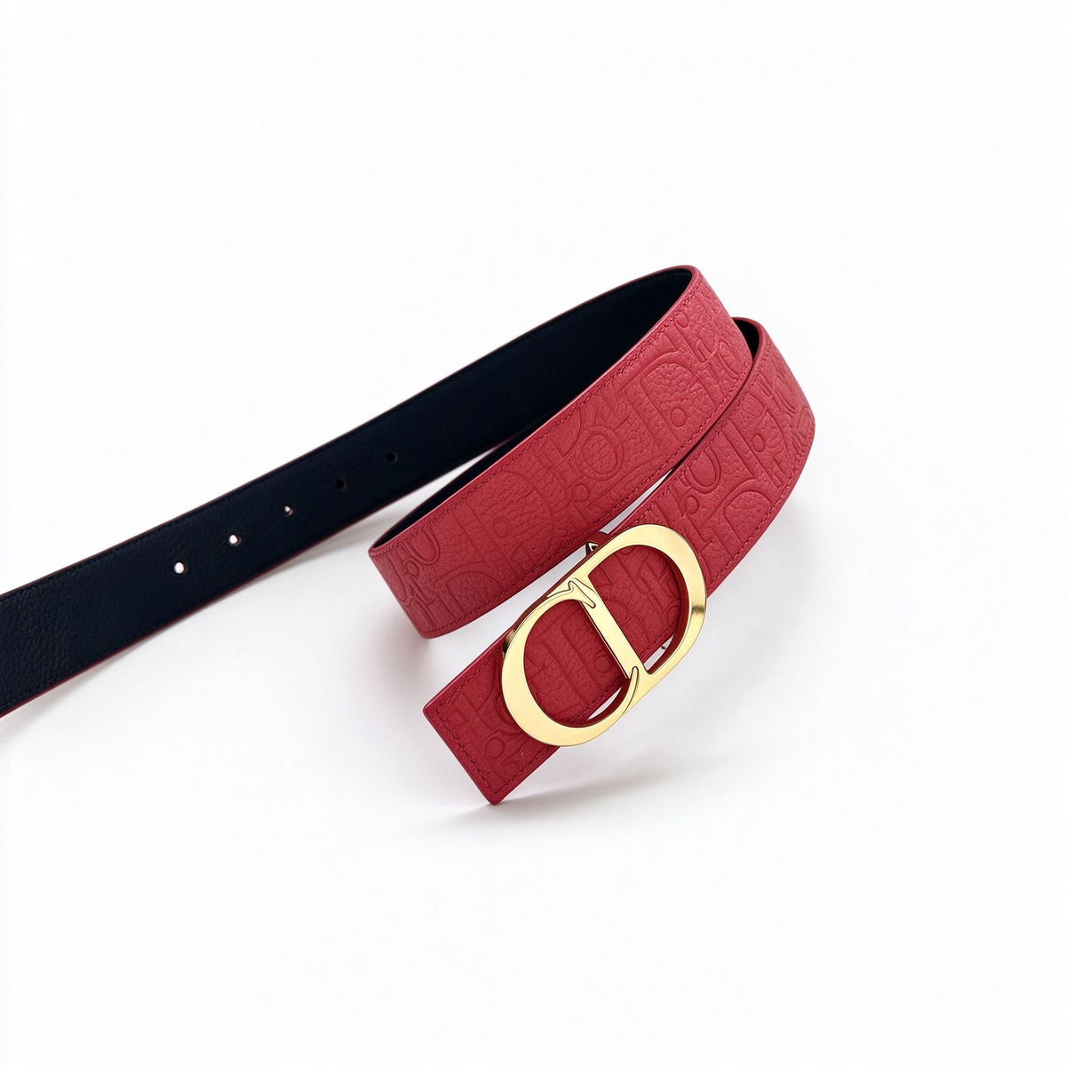 Dior 30 Montaigne Burgundy Red Oblique Embossed Leather Belt | Large Gold CD Buckle — Luxury Designer Wide Waist Belt