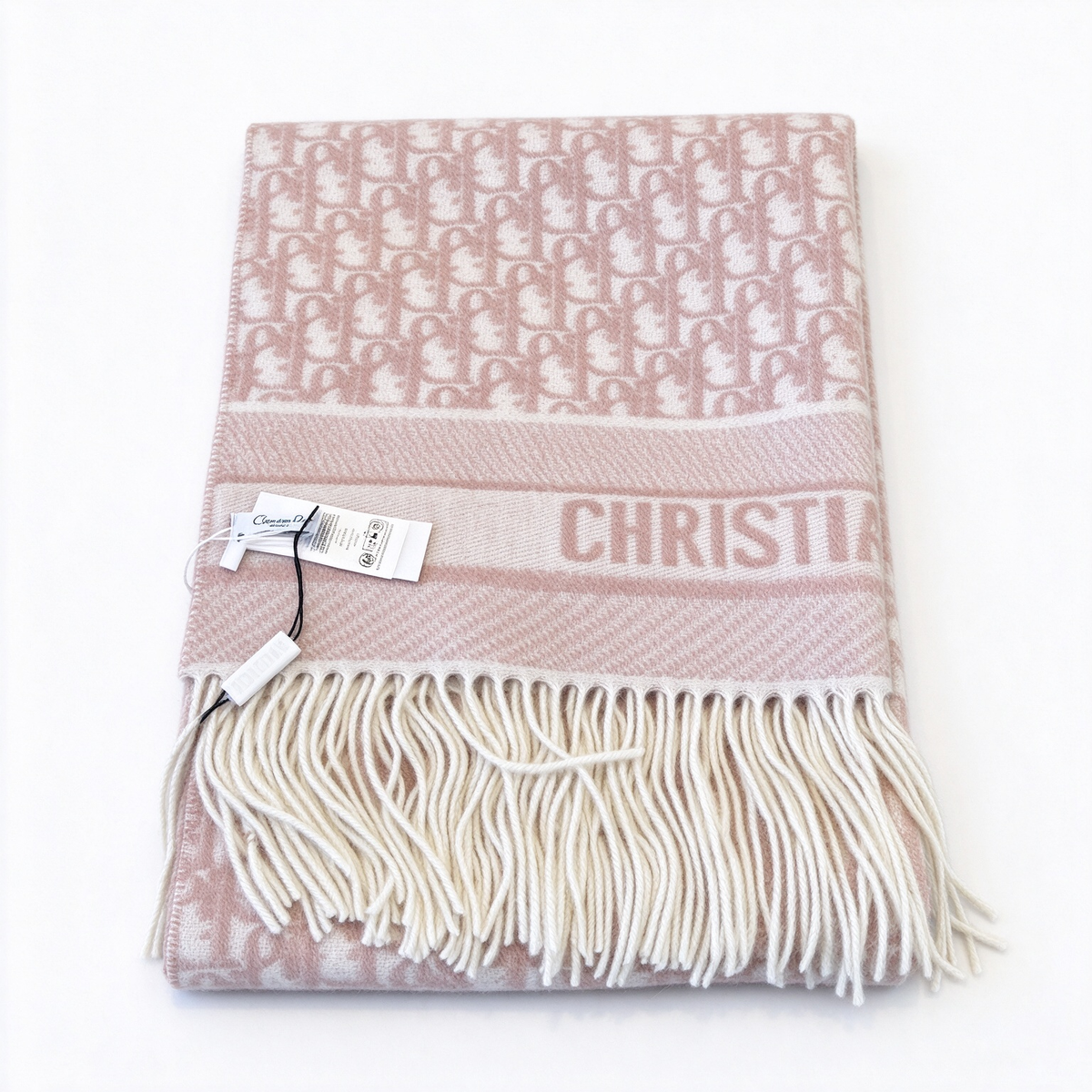 Dior Oblique Jacquard Scarf | Blush Pink & Ivory Wool Wrap | Embroidered Logo Band & Fringed Luxury Stole