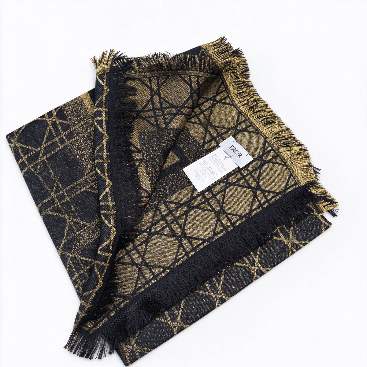 Christian Dior Tourbillon Scarf – Black & Gold Reversible Cashmere Wool Blend with Fringe | Luxury Designer Winter Accessory