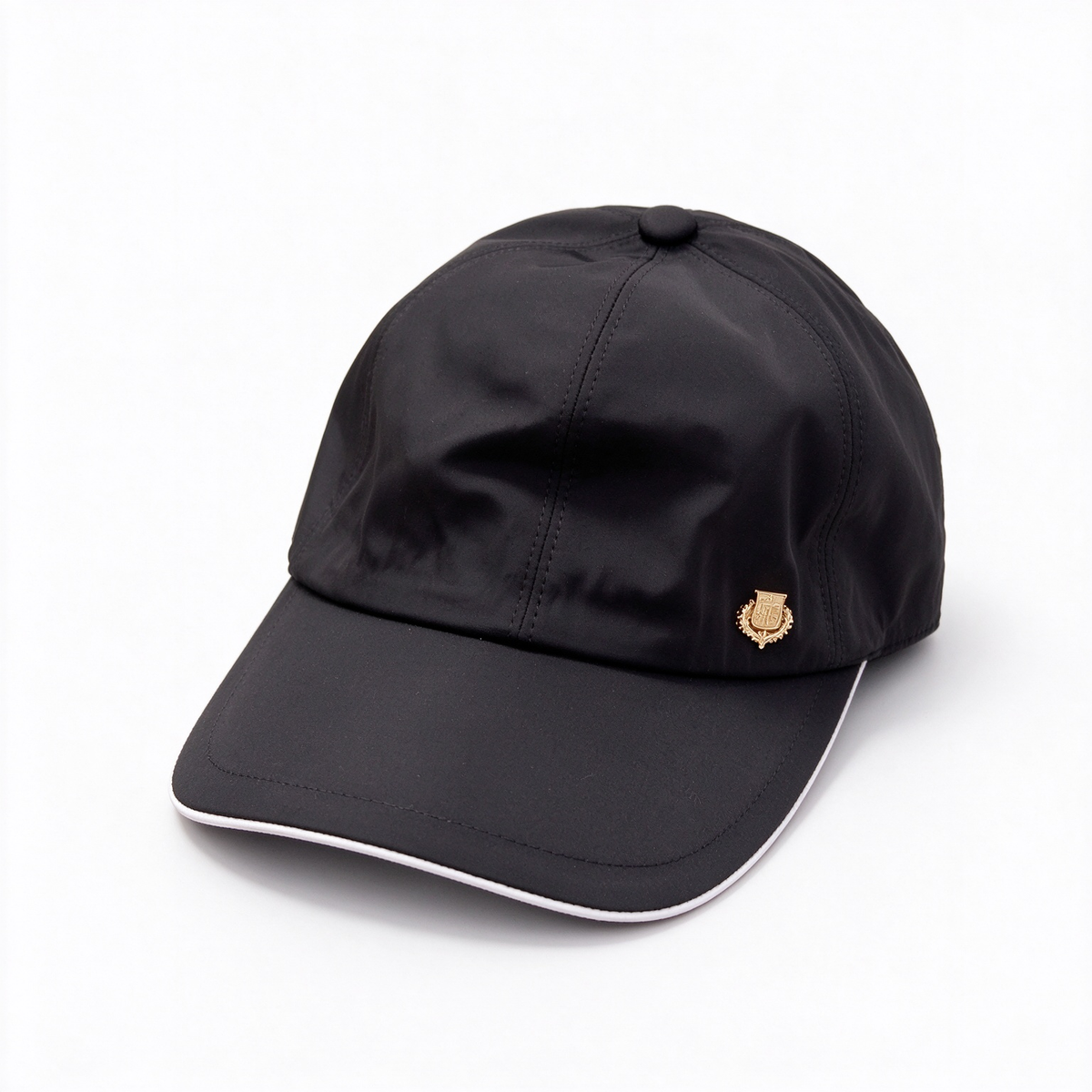 Loro Piana Storm System  Baseball Cap | Black Waterproof Wind Microfiber Hat with White Trim & Gold Crest Badge